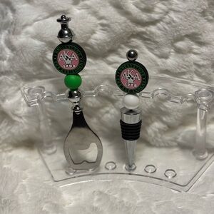 Elegant Green and Silver Bottle Opener and Stopper Set